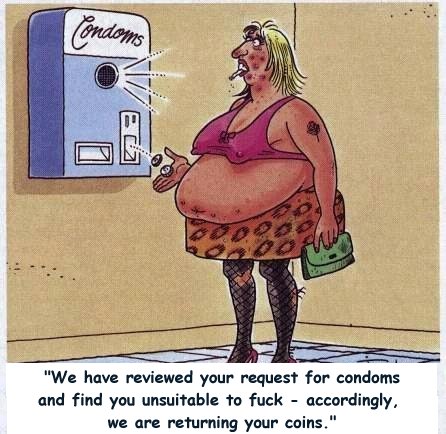 1999 Ford Crown Victoria - A humorous cartoon depicts a woman attempting to use a condom vending machine.