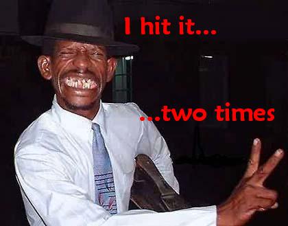 1999 Ford Crown Victoria - Man with a wide smile and hat, with text overlay 'I hit it... ...two times'.