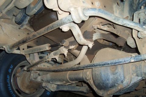 1994 Ford F-150 - Underside view of the front axle and suspension system on a 1994 Ford F-150.