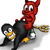 1999 Ford Crown Victoria - A humorous scene depicting the devil mascot riding Tux the penguin.