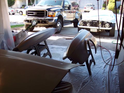 1971 Ford Mustang - prepped fenders and hood waiting for paint