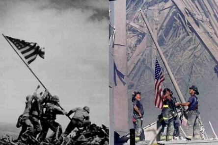 1986 Ford Bronco - Firefighters raise an American flag on a damaged building, a scene of resilience.