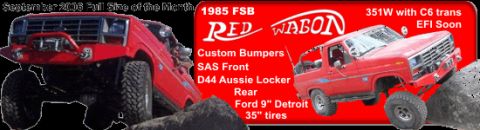 1985 Ford Bronco - Two modified trucks are shown, one is a red Bronco with listed custom parts, and another red truck is also visible.