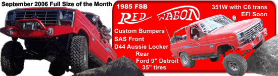 Two red off-road trucks, one with custom bumpers and large tires, the other a red Bronco with custom parts listed