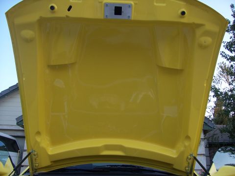 2002 Ford Mustang - The underside of a yellow car hood is shown, with a watermark for Supermotors.net at the bottom right.