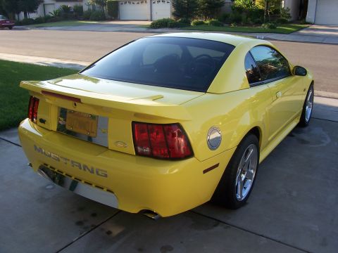 2002 Ford Mustang - The rear of a yellow Mustang is shown parked on a driveway, with a residential street in the background.