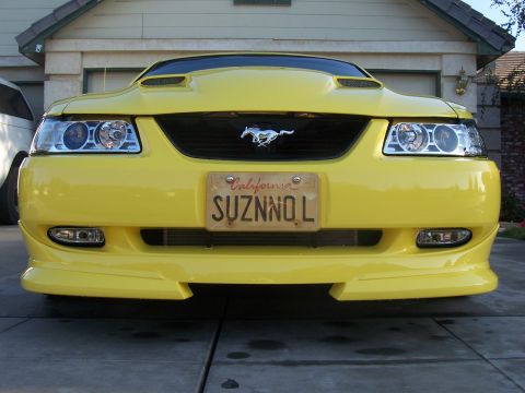 2002 Ford Mustang - Front view of a yellow Ford Mustang with a custom hood and aftermarket bumper.