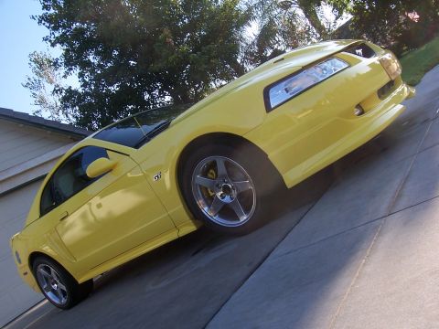 2002 Ford Mustang - A yellow 2002 Ford Mustang GT is parked on a driveway with trees in the background.
