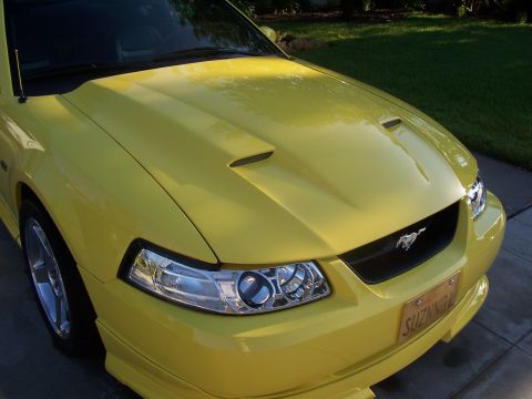2002 Ford Mustang - A yellow Ford Mustang is parked outdoors, displaying its distinctive hood and grille.