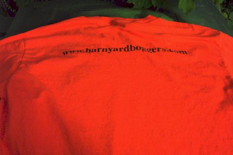 1978 Ford Bronco - Orange t-shirt with website text 'www.barnyardboggers.com' and Supermotors logo.
