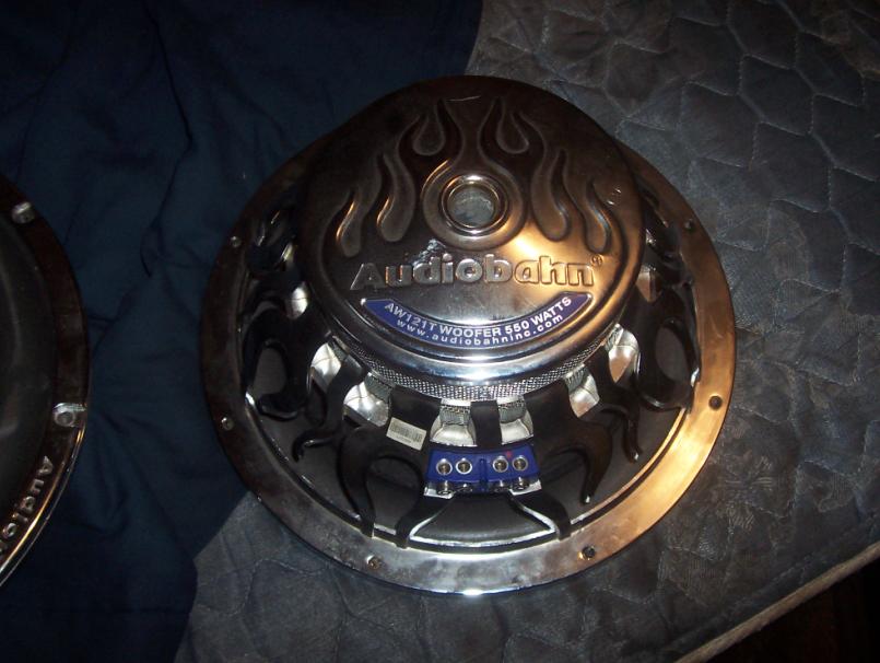 Back of an Audiobahn 550-watt subwoofer with chrome flame basket and blue terminal block