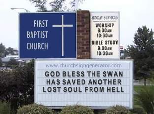 1978 Ford Mustang II - Church sign displays service times and a religious message. Supermotors logo is visible.