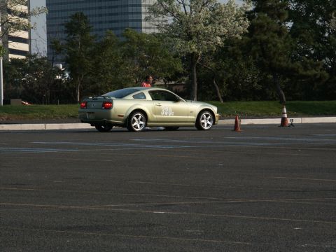 2001 Mercury Grand Marquis - A gold Ford Mustang is parked on an asphalt lot, with traffic cones visible in the background.