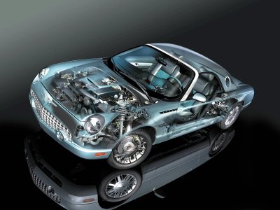2002 Ford Thunderbird - Cutaway illustration of a 2002 Ford Thunderbird, revealing its engine and interior components.
