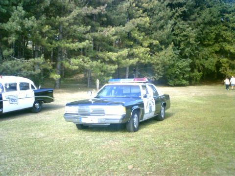 1991 Ford Crown Victoria - Two police cars are parked on a grassy field with trees in the background.