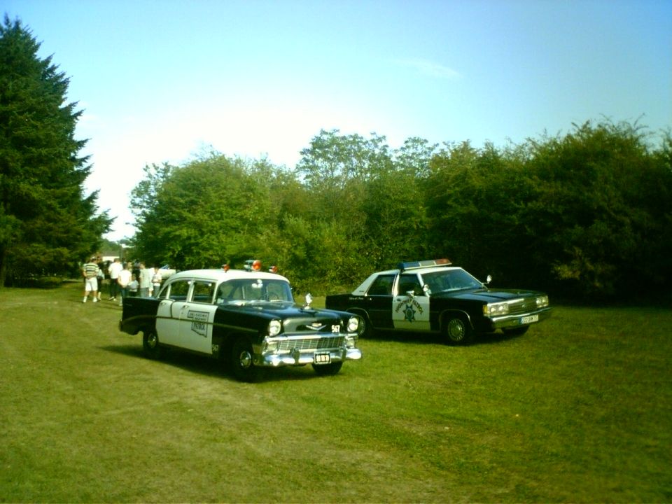 Two police cars parked on grass, one older black and white, one black and white with light bar