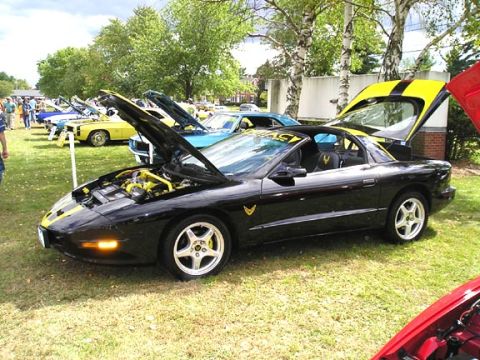 1994 Pontiac Trans Am - Black 1994 Pontiac Trans Am with yellow stripes, hood and trunk open at a car show.