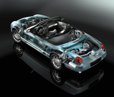 2002 Ford Thunderbird - A transparent view of the 2002 Ford Thunderbird convertible reveals its engine and interior components.