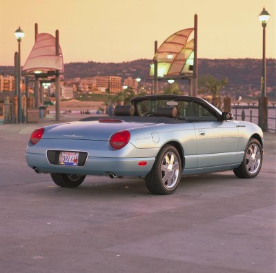 2002 Ford Thunderbird - Rear view of a light blue 2002 Ford Thunderbird convertible parked outdoors at sunset.