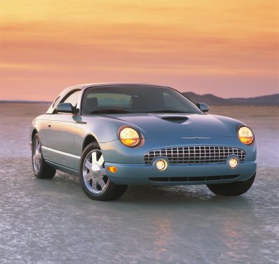 2002 Ford Thunderbird - A light blue 2002 Ford Thunderbird is shown from the front at a slight angle with the sun setting behind it.