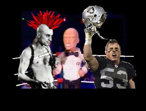 1979 Ford Bronco - A football player celebrates with a helmet, while a man with a mohawk and a puppet stand behind him.