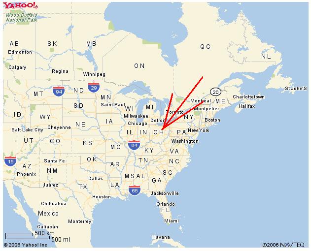 Map of North America with red arrows indicating a route to Ohio