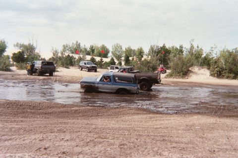 1979 Ford Bronco - Multiple vehicles navigate a muddy off-road course with trees and sand dunes in the background.