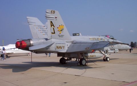 2003 Ford Crown Victoria - A U.S. Navy F/A-18 Hornet fighter jet is parked on the tarmac at an airshow, with other aircraft visible in the background.