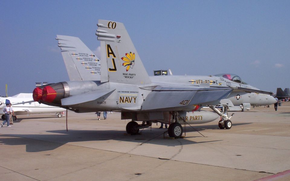 Gray F/A-18 Hornet fighter jet with 'NAVY' and 'WAR PARTY' markings