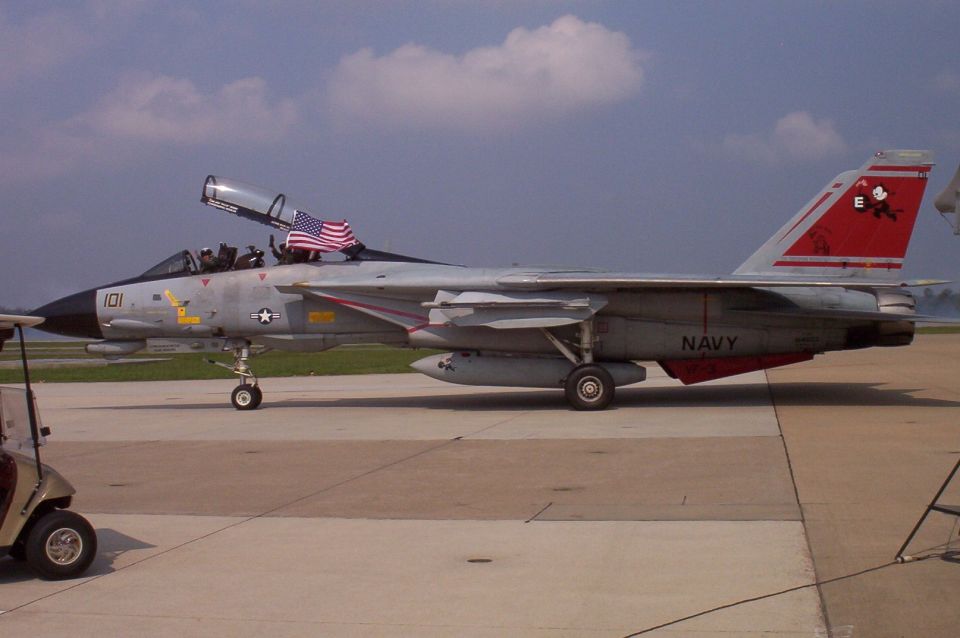 Gray F-14 Tomcat fighter jet with an American flag on its canopy, marked '101' and 'NAVY'