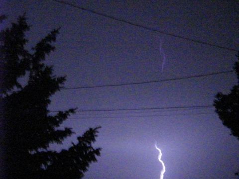 1995 Ford Bronco - A powerful lightning strike illuminates the dark sky, with trees and power lines visible in silhouette.