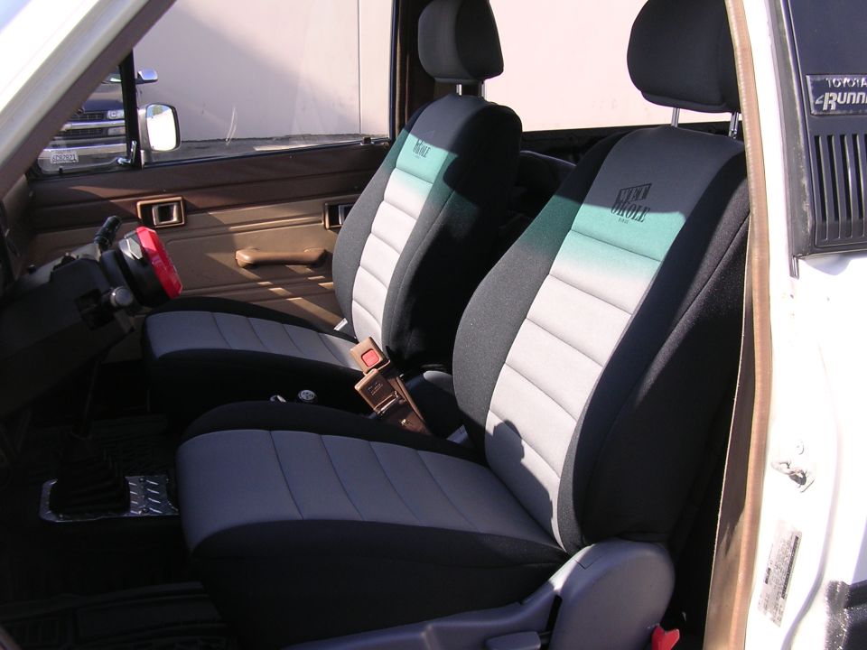 Wet Okole gray and black neoprene seat covers on Toyota 4Runner front bucket seats