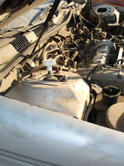 1993 Ford Taurus - The engine bay of a vehicle, showing various mechanical parts and wiring harnesses under the hood.