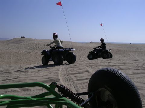 1985 Toyota 4Runner - Two quad bikes ride on sand dunes with red flags flying high on a sunny day.