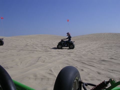 1985 Toyota 4Runner - A person rides a quad bike across a sandy landscape under a clear blue sky.