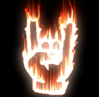 2001 Ford Crown Victoria - A hand gesture commonly known as 'rock on' is depicted in flames against a dark background.
