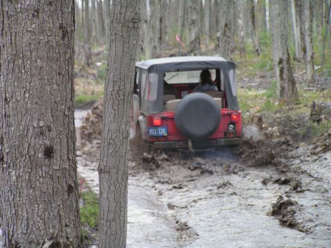 1979 Jeep CJ5 - A red Jeep CJ-series vehicle navigates a muddy trail in a wooded area.