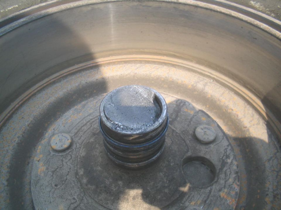 Wheel hub and brake drum assembly, close-up view