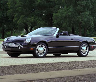 2002 Ford Thunderbird - A dark-colored 2002 Ford Thunderbird convertible is shown from the front three-quarter view.