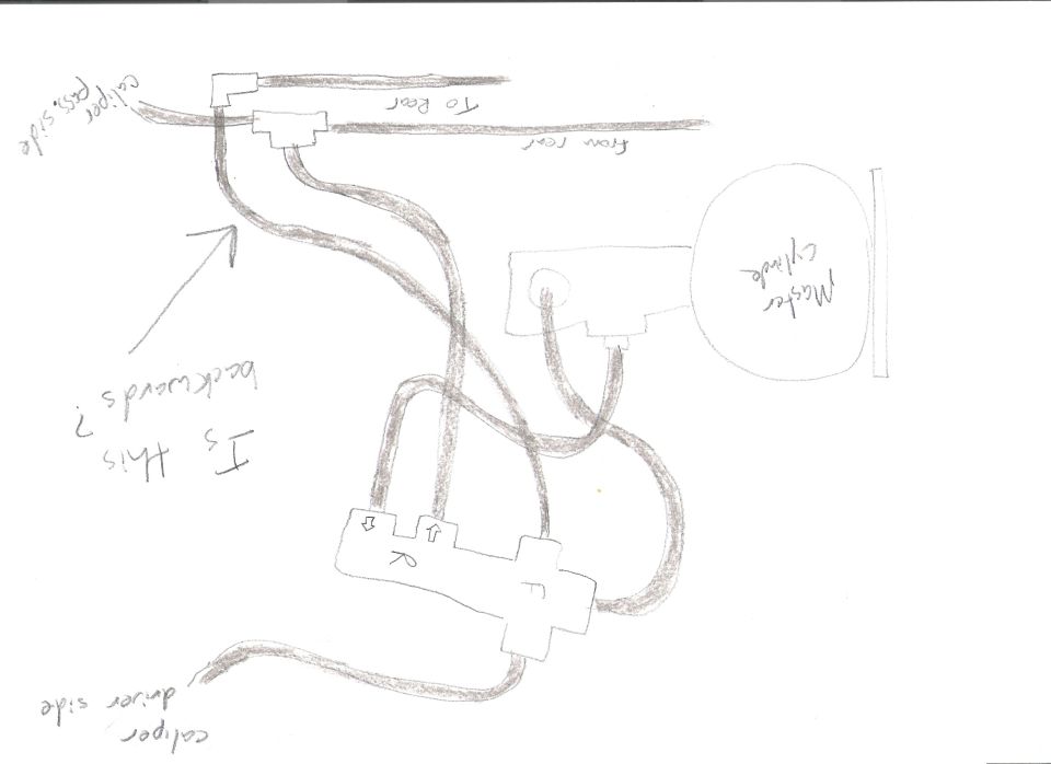 Hand-drawn brake hydraulic line routing diagram, alternate view