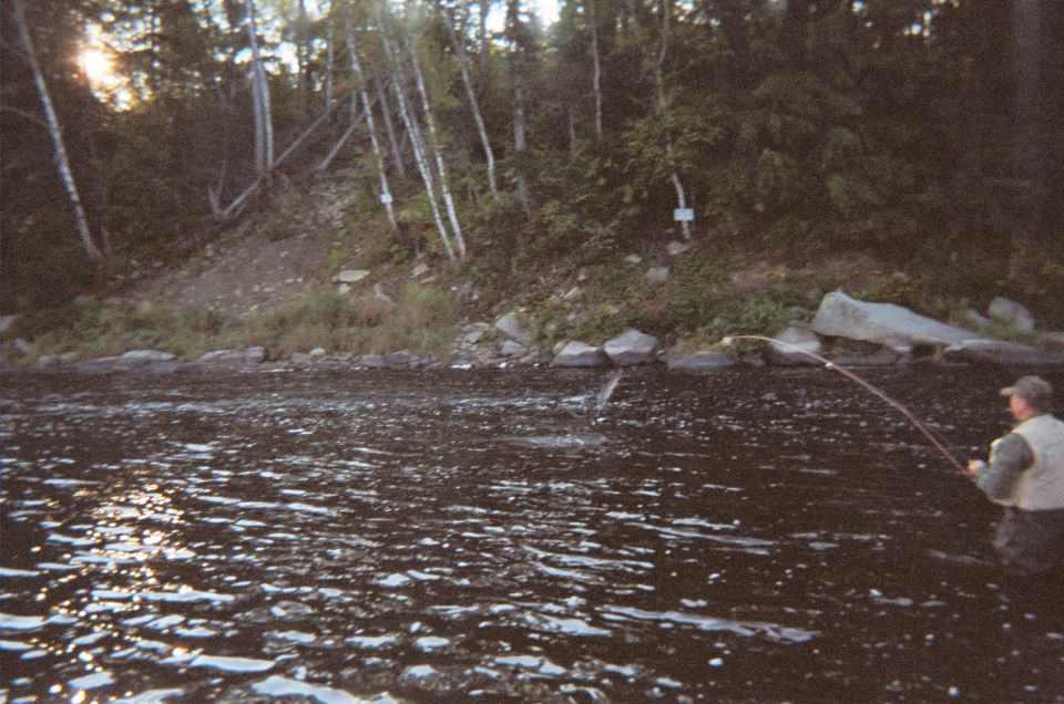 Man fishing in a river with trees on the bank