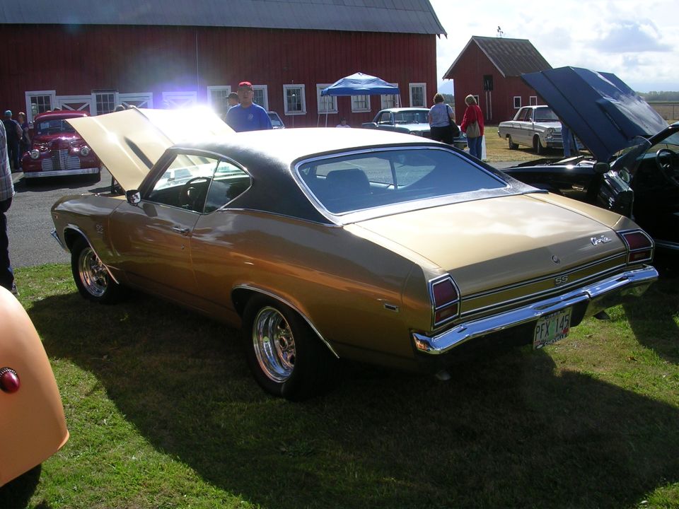 Gold 1969 Chevrolet Chevelle coupe with a black roof and chrome trim, parked on grass