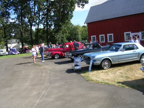 1996 Ford Probe - A light blue 1965 Ford Mustang is displayed at an outdoor car show next to a red barn.
