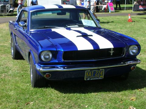 1996 Ford Probe - A blue 1966 Ford Mustang with white racing stripes is displayed at a car show.
