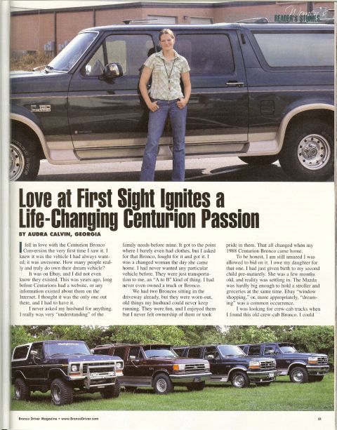 1993 Ford C-350 (Centurion Conversions) - A woman poses with her Ford Bronco, while a collection of Ford pickup trucks are displayed in the background.