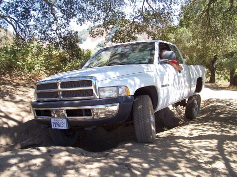 1995 Toyota Hilux - A white Dodge Ram pickup truck navigates a dirt path with trees overhead.