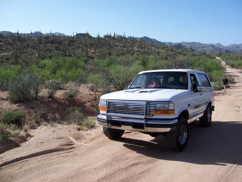 1996 Ford Bronco - A white Ford Bronco drives on a dusty desert road under a clear blue sky.