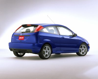 2002 Ford Focus - Rear-left view of a blue 2002 Ford Focus SVT hatchback with an SVT badge on the tailgate.
