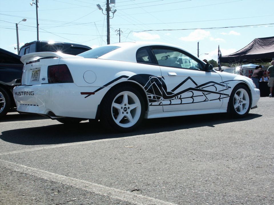 White Ford Mustang with black graphics on the side, parked next to another vehicle