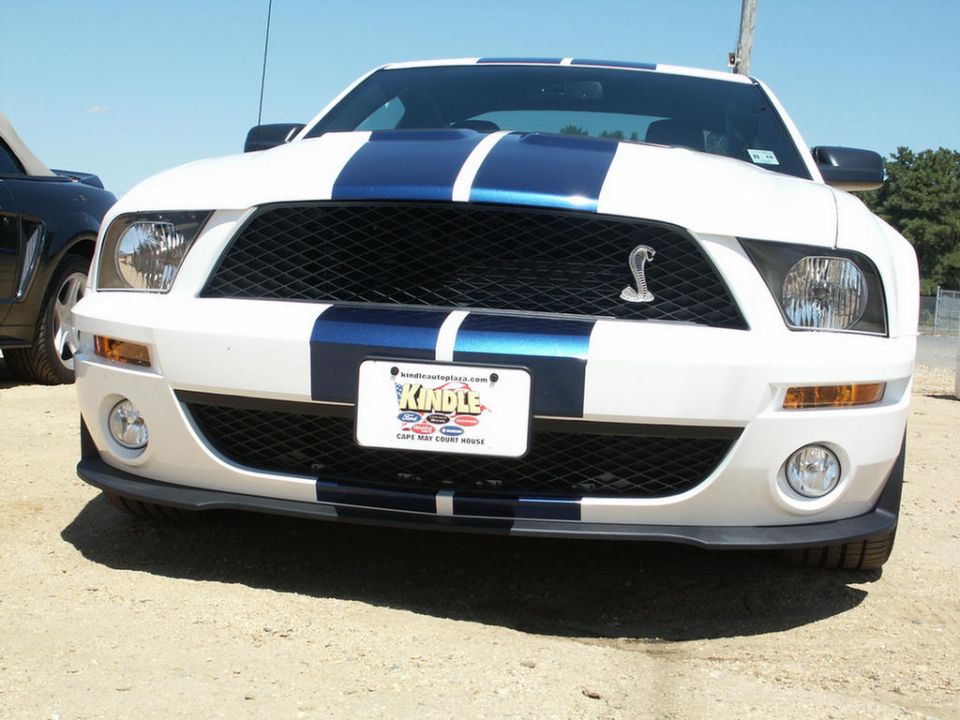 White 2007 Ford Mustang Shelby GT500 front view with blue stripes and cobra emblem